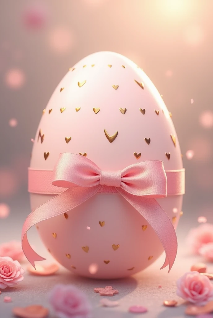 the first egg is pale pink, adorned with a gold heart pattern and a ribbon beautifully wrapped around the egg. anime