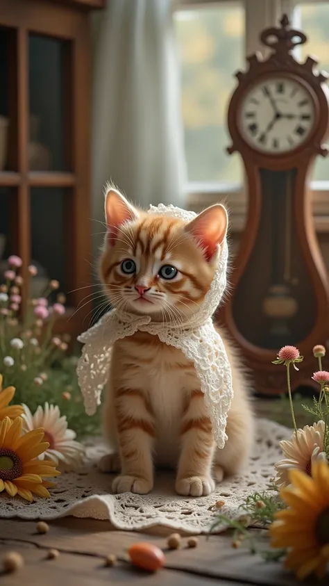 A cute little kitten wearing a lace square headscarf in a lace world, surrounded by a lace old-fashioned loom, wildflowers, and ...