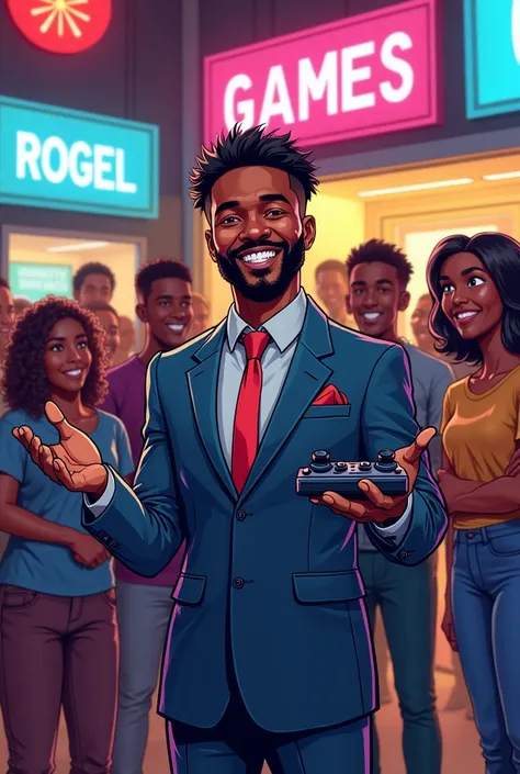 a happy african man in a suit holding a joystick in his hands points at a game center to a crowd, all in a comic book.