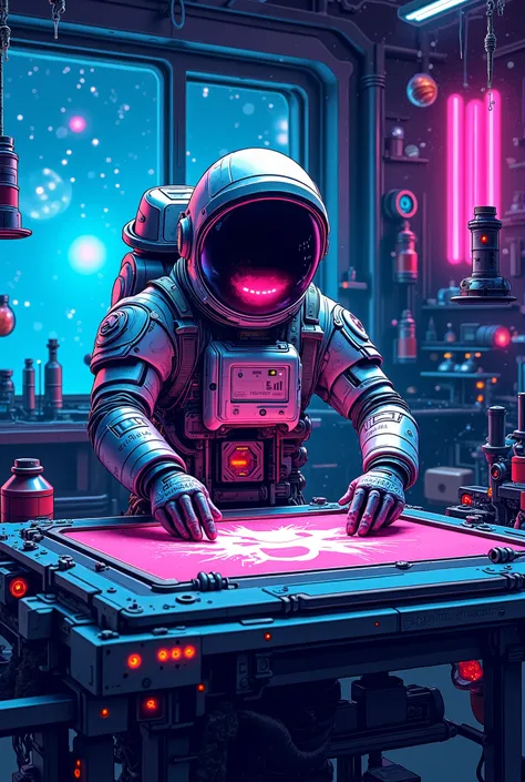 a futuristic astronaut in a high-tech space suit is screen printing a t-shirt inside a cosmic-themed workshop. the astronaut is ...