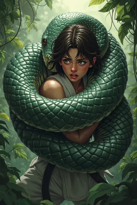 karate girl wrapped around a giant snake　are karate girls japanese with short brown hair　pinch　scream　cry　sweat　scream　strangled...