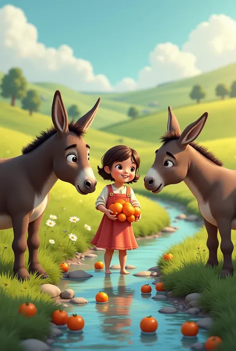 Girl giving an orange to each of the two donkeys on the side of the stream