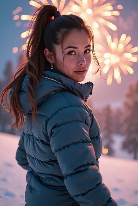 a high-resolution , photorealistic picture of the most beautiful 19-year-old woman in the world with athletic figure, skiing, do...