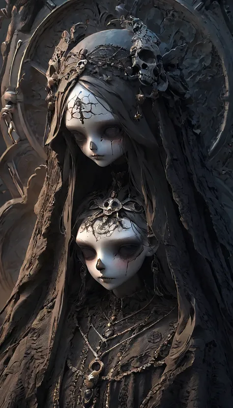 💀、☠、girl、❤、💀、Dark Fantasy、💀🥵💗、old，dirty， mineral pigments，3D clay sculpture art，Clay sculpture、One Woman、