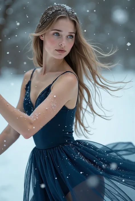 action freeze-frame (18 years old) ukrainian ballet dancer girl, detailed, realistic, (dark blue dress), long haired, portrait, ...