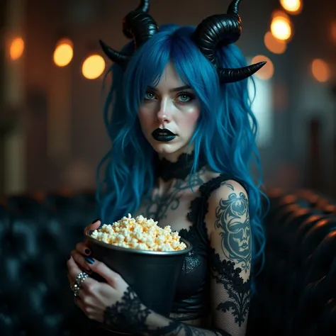 a sexy demon with blue hair, black horns, wearing black lace and leather, tattoo full body,, lot of ring on hand, holding a buck...