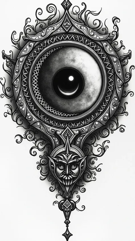 Endless, Mandala.moon pupil inside. in black and white , tattoo sketch.