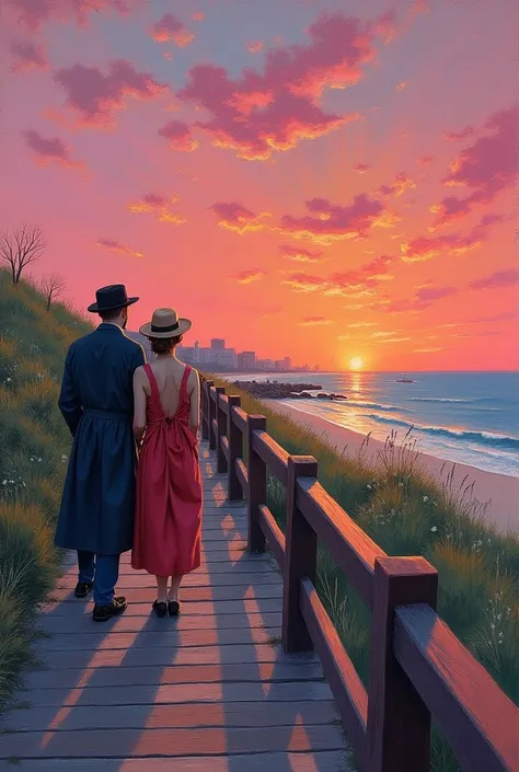 impressionist style ,  van gogh style ,  coney island ,  lean on the handrail of a wooden sidewalk by the sea,  sunset over the ...