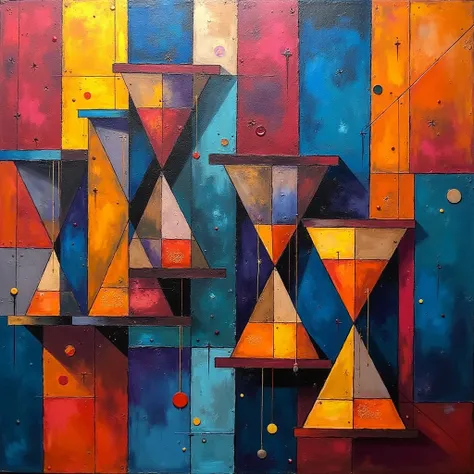 Cubist oil work of art with bright colors and hourglasses