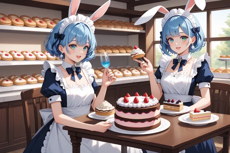 2girls, one woman with short hair reaching shoulder length, ligth blue hair, has bunny ears, Wearing a white and blue maid outfi...