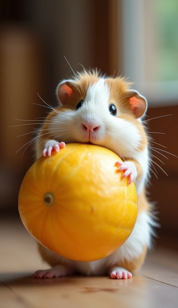 "a small, fluffy guinea pig is holding a large canary melon in its paws. the melon is comically oversized in comparison to the g...