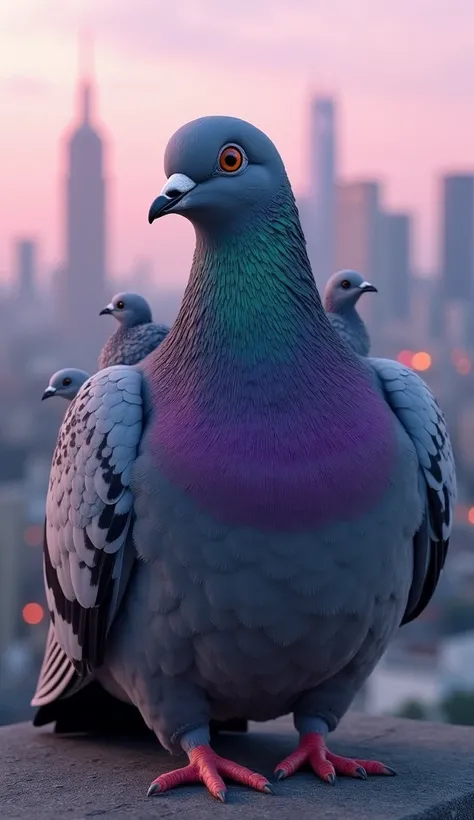 "A large, round pigeon sits on a city rooftop, its entire body covered in small baby pigeons instead of regular feathers. Each b...