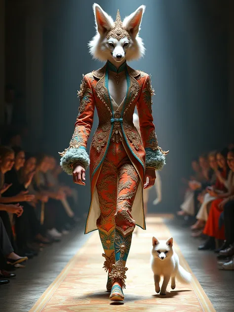  Raise a 9-*****-********  , With a beautiful costume  ,   walking alongside a cute white fox cub,   the two walk side by side o...