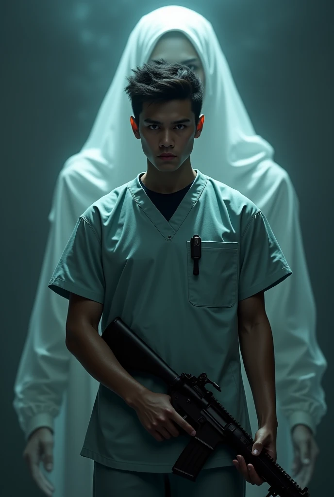 There is a male nurse standing alone holding a gun. Behind him is Nyai Roro ul from Indonesia