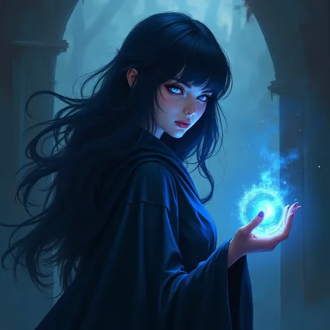 fantasy portrait of a mysterious, powerful sorceress with dark blue-black hair flowing in thick, wavy strands, styled with curta...