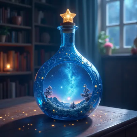 tall with stars carved on the surface  ,  features a unique, cute-shaped glass bottle 、стиль   fantasy ,   beautiful magical spa...