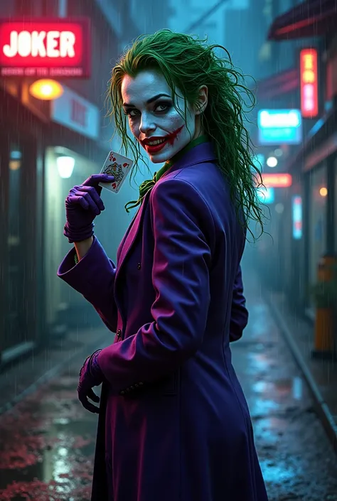 a female version of the joker from dc comics, standing in a dark, neon-lit gotham alley. she has wild, unkempt green hair and a ...