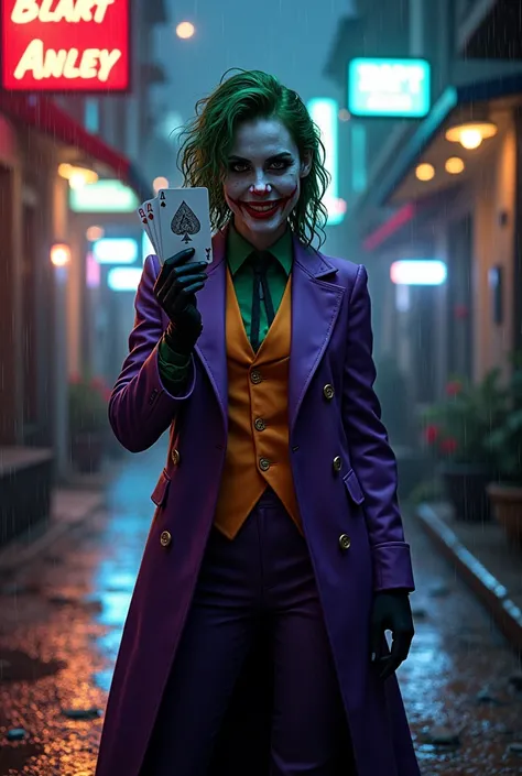 a female version of the joker from dc comics, standing in a dark, neon-lit gotham alley. she has wild, unkempt green hair and a ...