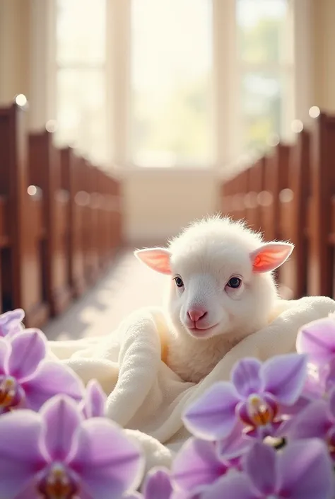 create an invitation for me to introduce my daughter to the church where the theme is white baby sheep with vanda