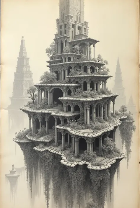  hanging garden of babylon by pencil art. only outlines in old paper . black and white .