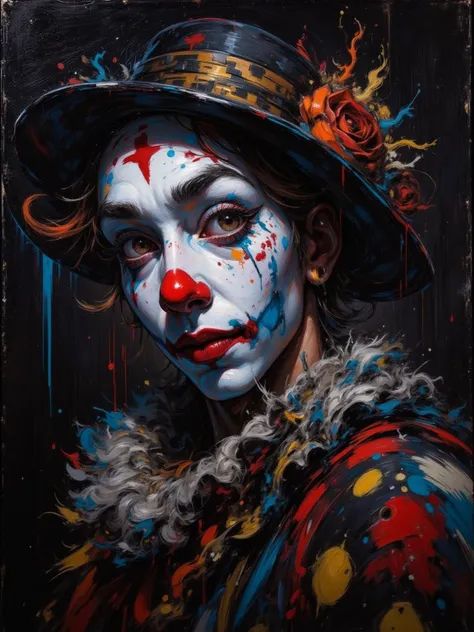 playful clown （clown）oil painting of a man , white painted face, the tears drawn under the right eye symbolically express sorrow...