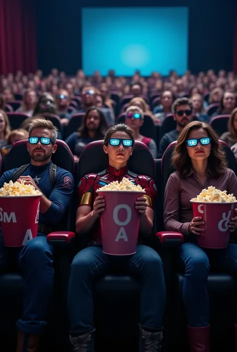 all the avengers are sitting in the front row in the cinema all with popcorn and 3d glasses so long photo