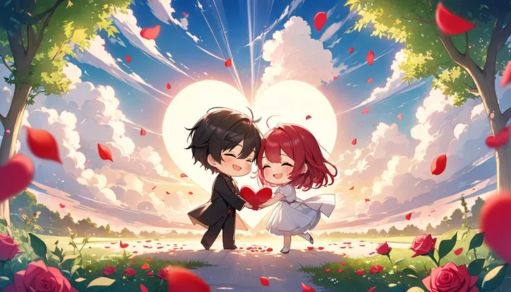 The image depicts a romantic and fanciful scene with a vibrant and enchanting artistic style. Two hands hold a large open enve...