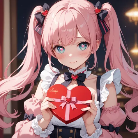 cute girl in anime style 。 with twin tails with fluffy pink hair 、 Big Sparkling Eyes 。Blushing as if embarrassed 、 holding out...