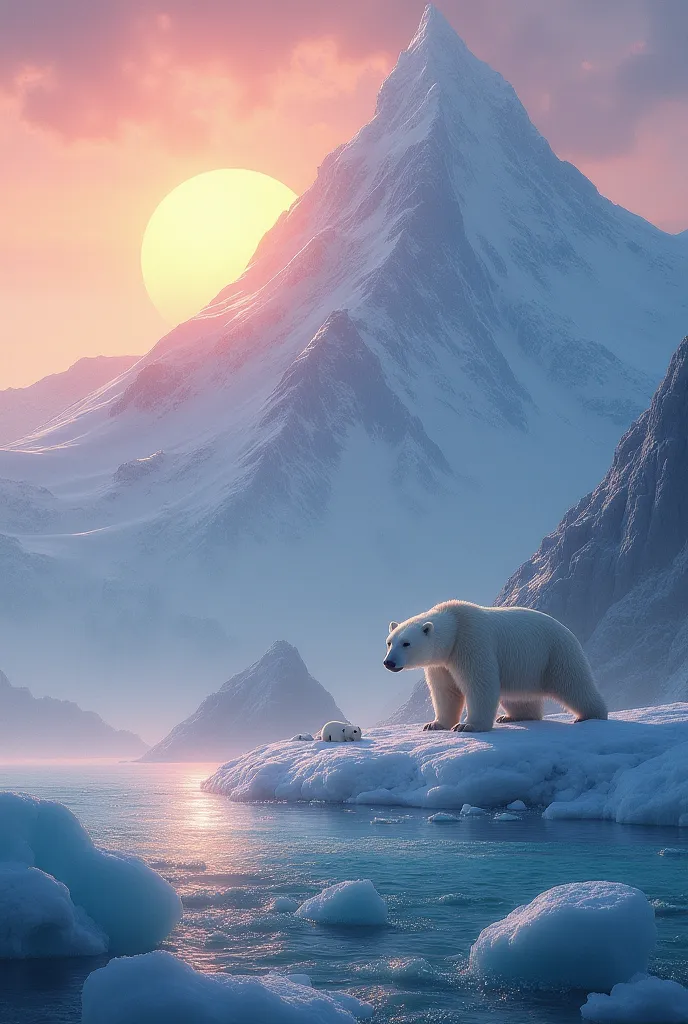 a beautiful mountain, with the sun rising behind it, the ocean in front of the mountain, its cold and snowy, with polar bears on...