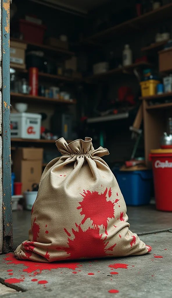 in the garage, a bag with red spots looks like shelter