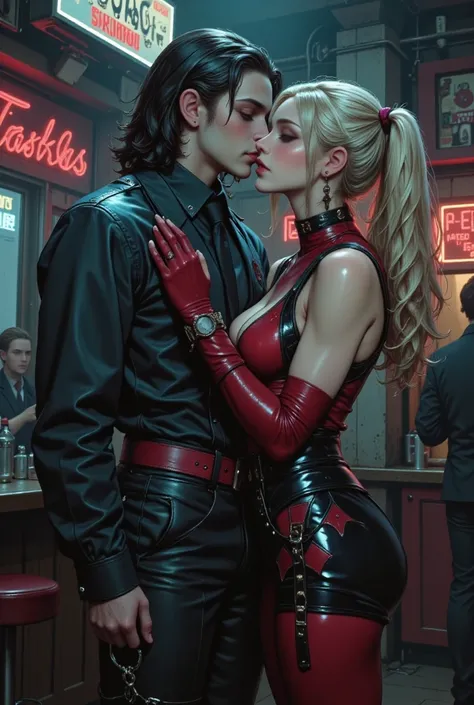 In a gritty nightclub,joker embraces Harley quinn (blonde hair with pink and blue dyed pigtails), wearing intricate red leather ...