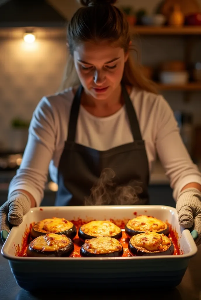 woman taking 6 stuffed aubergines au gratin out of the oven