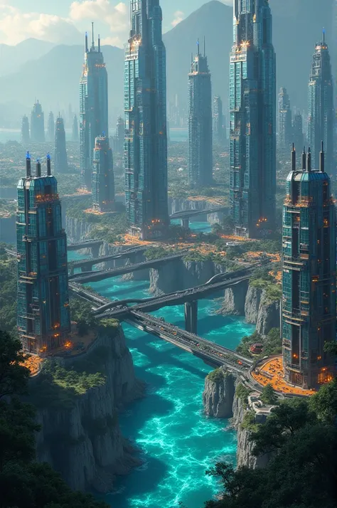 The New Atlantis "**  
     A futuristic city built on the ruins of Atlantis , with glass and metal skyscrapers,  suspension bri...