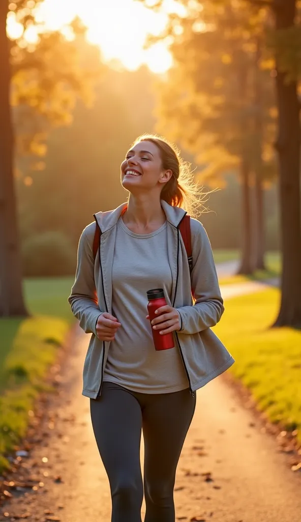 realistic photo of a woman in her 30s, smiling softly as she steps out for a peaceful morning walk alone. she’s wearing casual w...