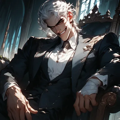 male, white hair, dark eyes, wear royal suit, inside castle background, Sitting on  thorn, smirk, dark tone, same age, different...