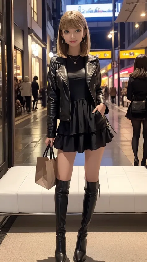 (layer mini-dress 、pull zip)、 leather jacket、 in the seat、medium breast、 skinny body、 beautiful legs、 stiletto boots、earrings、 s...