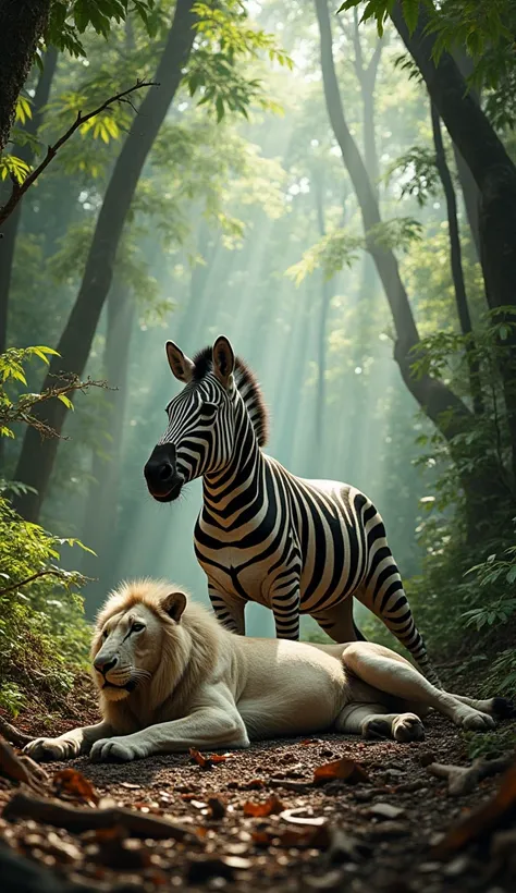 A striking and intense jungle scene. A powerful zebra sits dominantly over a defeated white lion, pinning the majestic predator ...