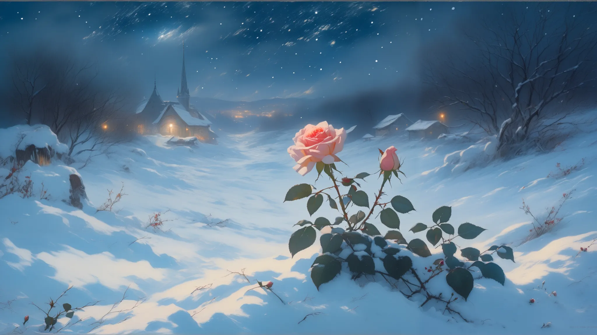 the wind is blowing strongly under the winter night sky. a single non-withering rose is blooming on the snow. the rose is shinin...