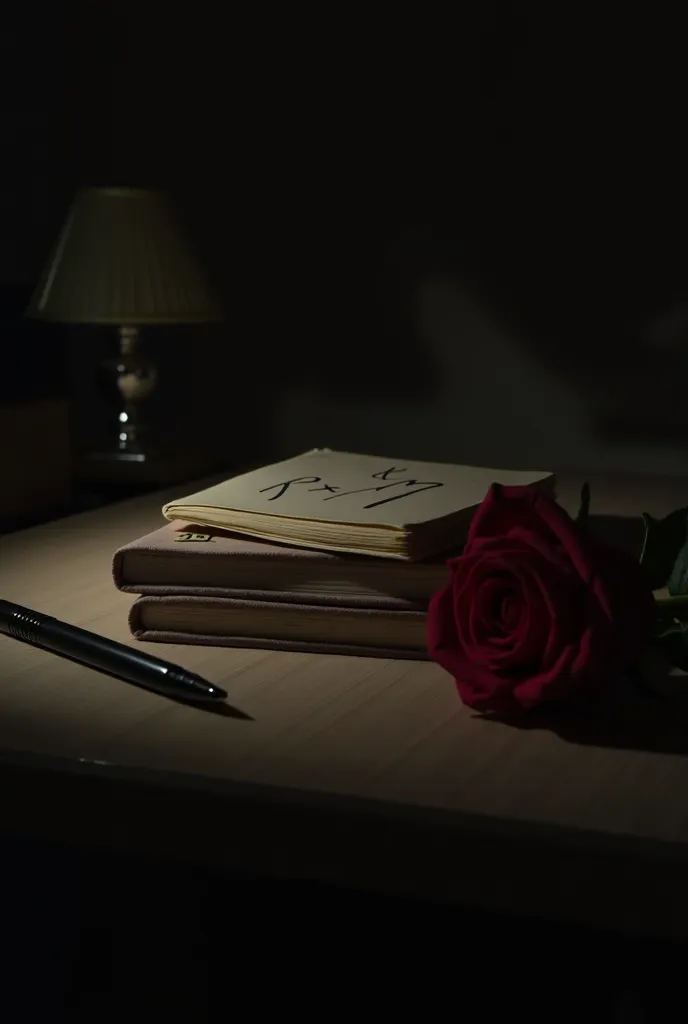 at night, a dimly lit room is illuminated by dim lights. there are three diaries on a table, one on top of the other, the upperm...