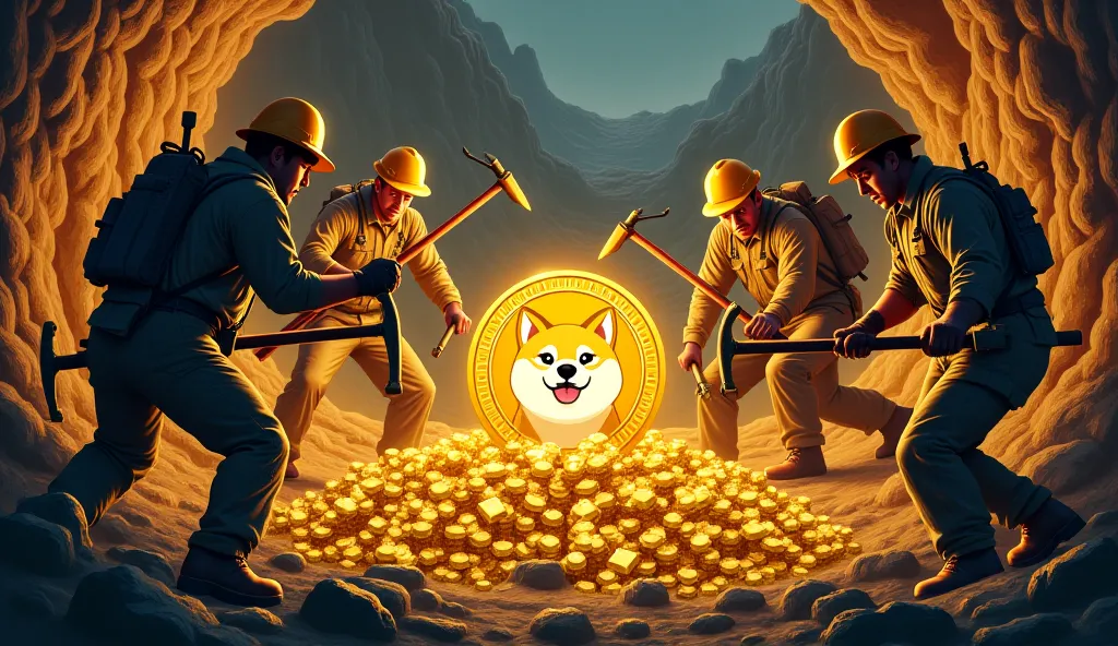 the workers digging the mine, image of digging up dogecoins like a gold mine, show one dogecoin with image of doge in center