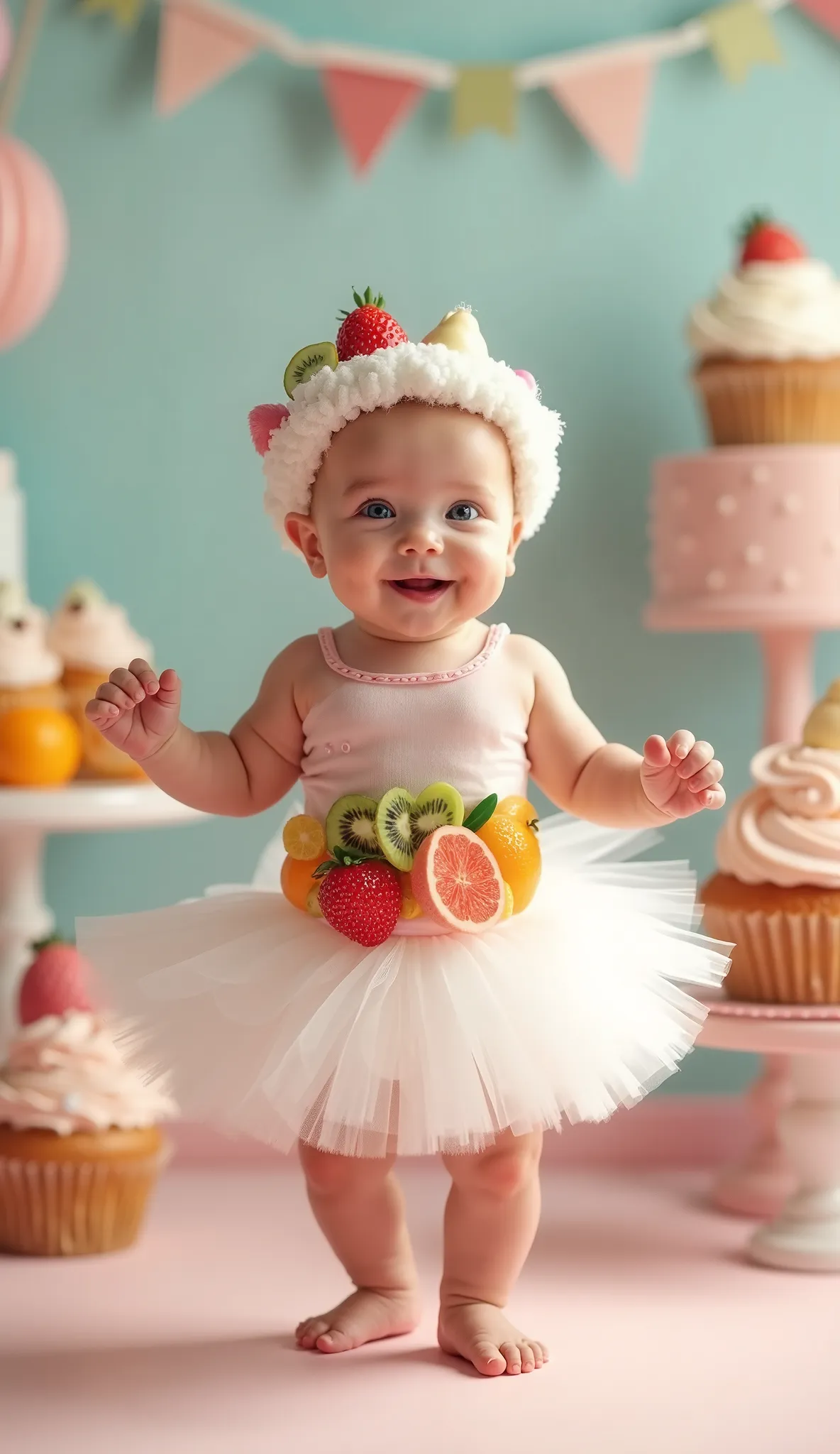 a highly detailed, adorable baby with big blue eyes, fair skin, and rosy cheeks, wearing a cute ballet outfit. the baby is dress...