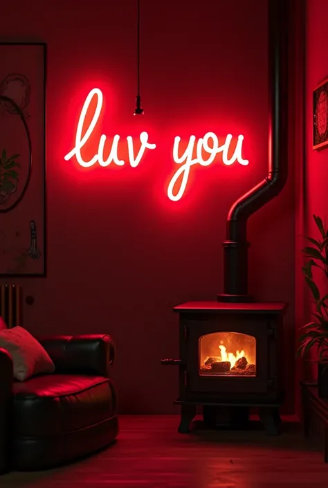 Luv You writes in neon on a wall near a wood stove