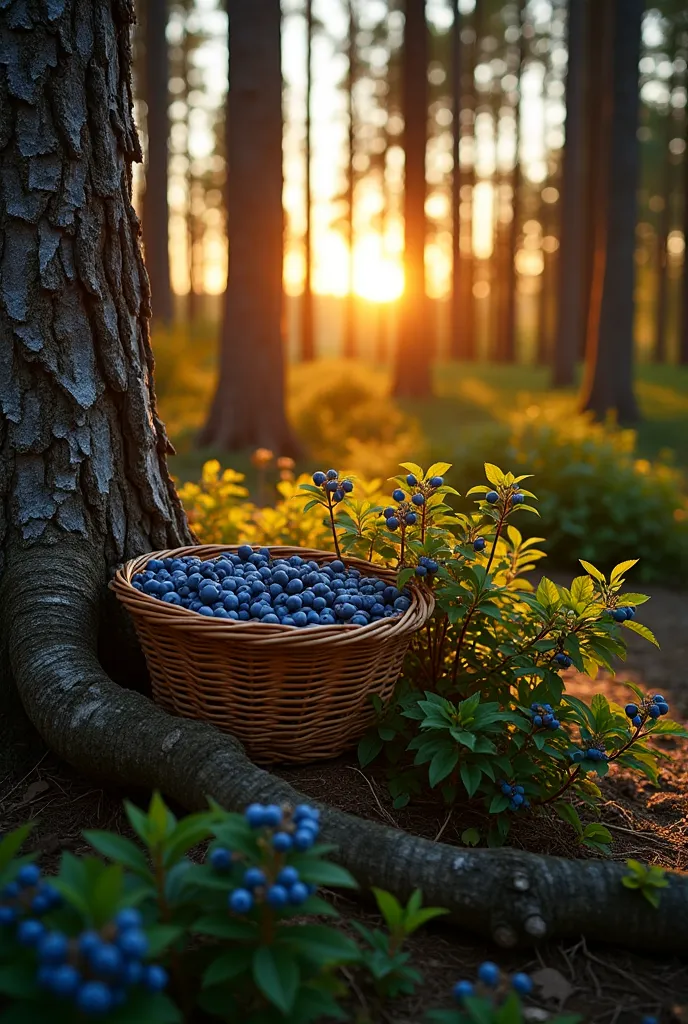 summer forest , evening, a sunset of warm colors, clear sky, a little remote shooting, forest with low blueberry bushes, shrubs ...