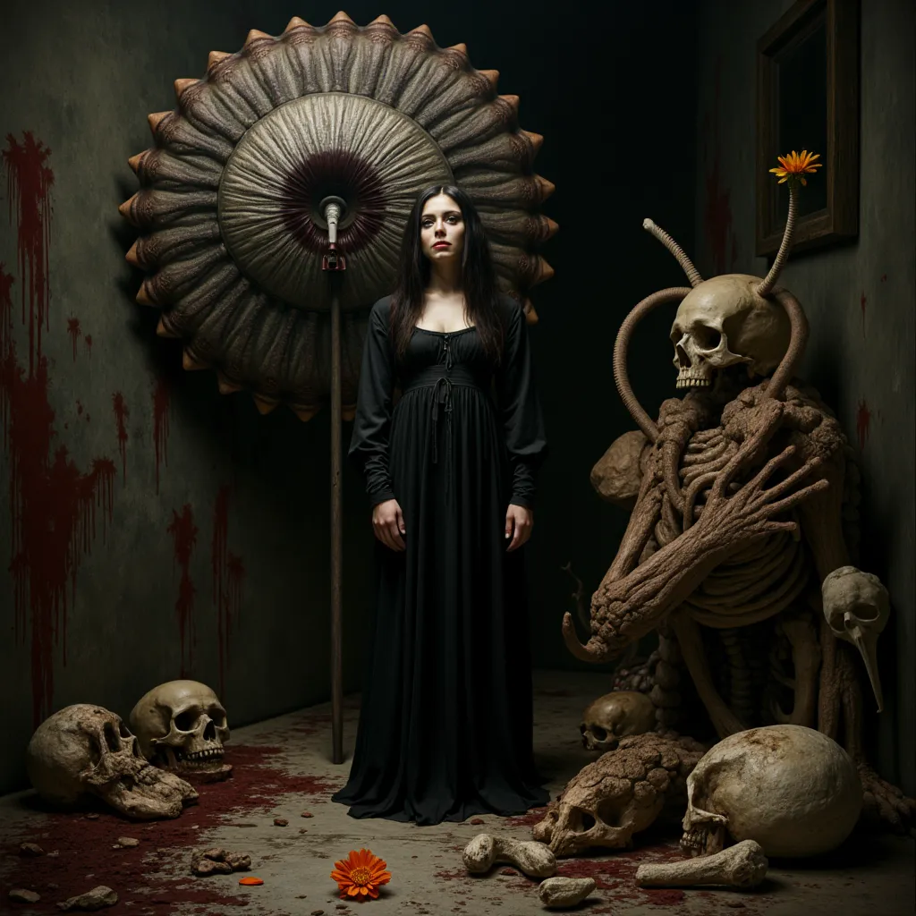 "(the best lighting, high contrast, dark, dramatic),(woman next to a viscera phallus glans giant tardigradum, flower, crown, fet...