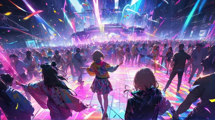 A neon-lit dance floor filled with people in colorful outfits, dancing to electronic music. Confetti, lasers, and a smoke machin...