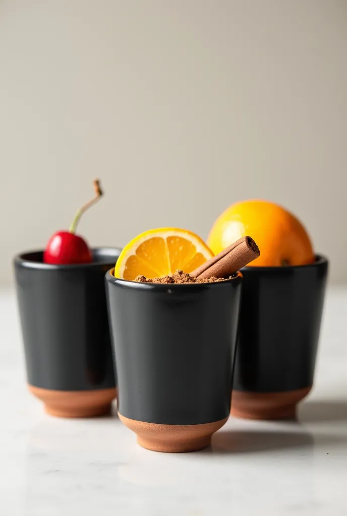 three craft cups with a black lid, one side by side is a cherry ,  the second is a sliced orange , , the third is lined with cin...