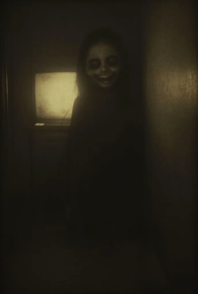 night room, dark room, completely darkened room, tv on, sepia, grainy, eerie environment. creepypasta is a scary entity in the f...