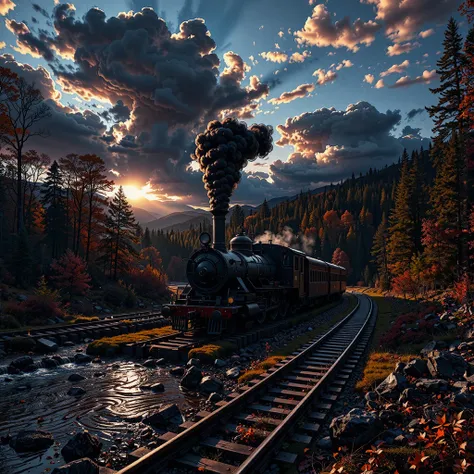 the forest late autumn Sunset-Lighting Abandoned narrow-gauge road, forgotten locomotive got stuck in a stream,a high-detailed a...