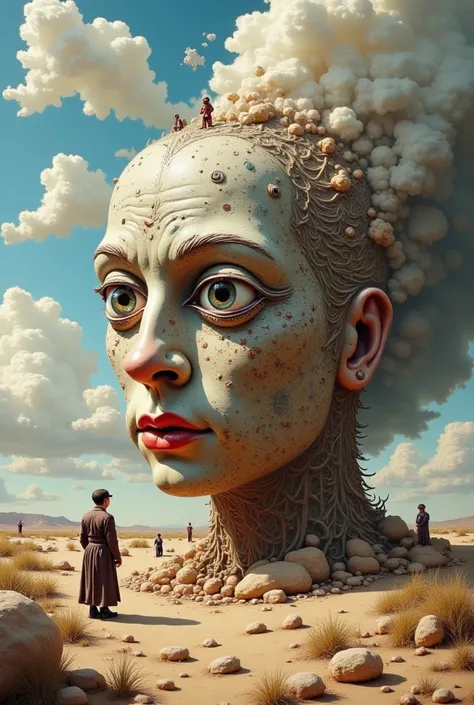 Head of a giant doll in a desert : " A surreal and disturbing image of the doll's head half buried in the middle of an infinite ...