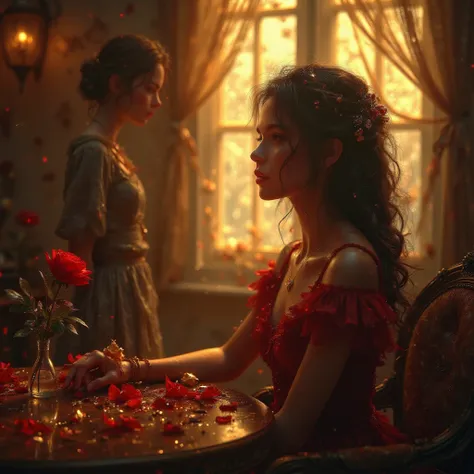 A romantic, nostalgic scene set in a dimly lit, vintage café. The ambiance exudes warmth, with soft golden lighting casting a ge...